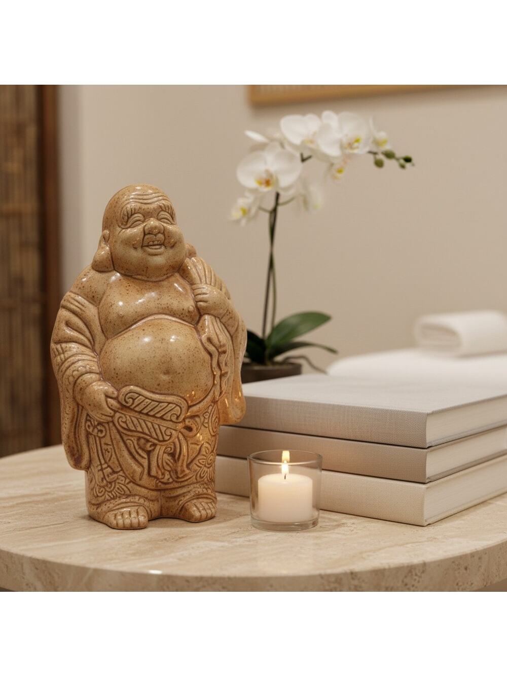 Vintage Studio Pottery Hotei Buddha Statue-Signed JK-Large-Figure-Meditation-Zen